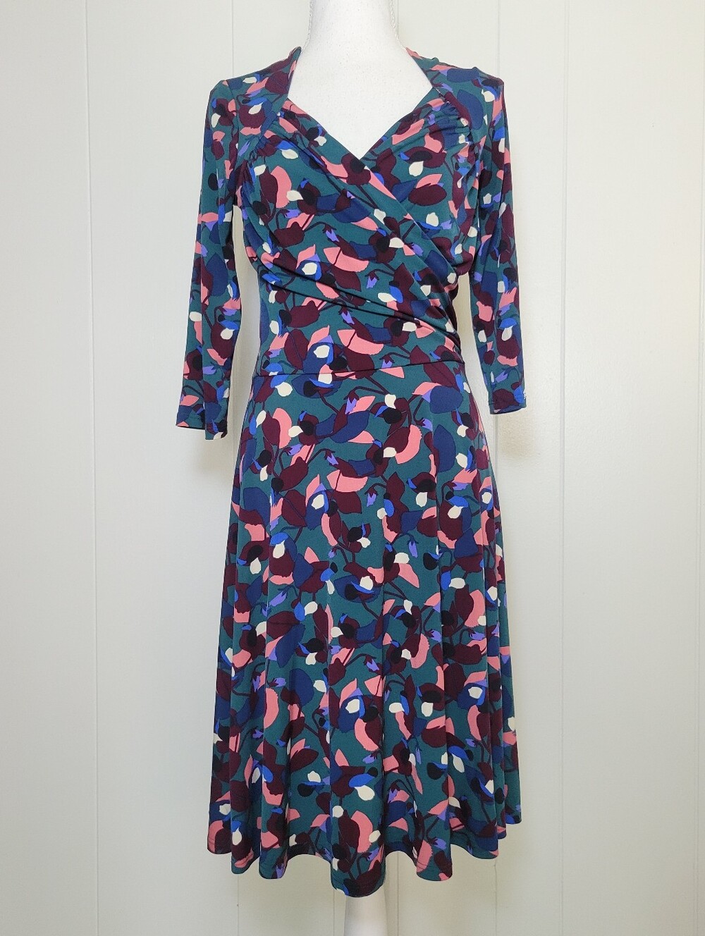 Leota Ruched Wrap Top Dress ¾ Sleeve Teal Blue Pink Abstract Arty Print Party S